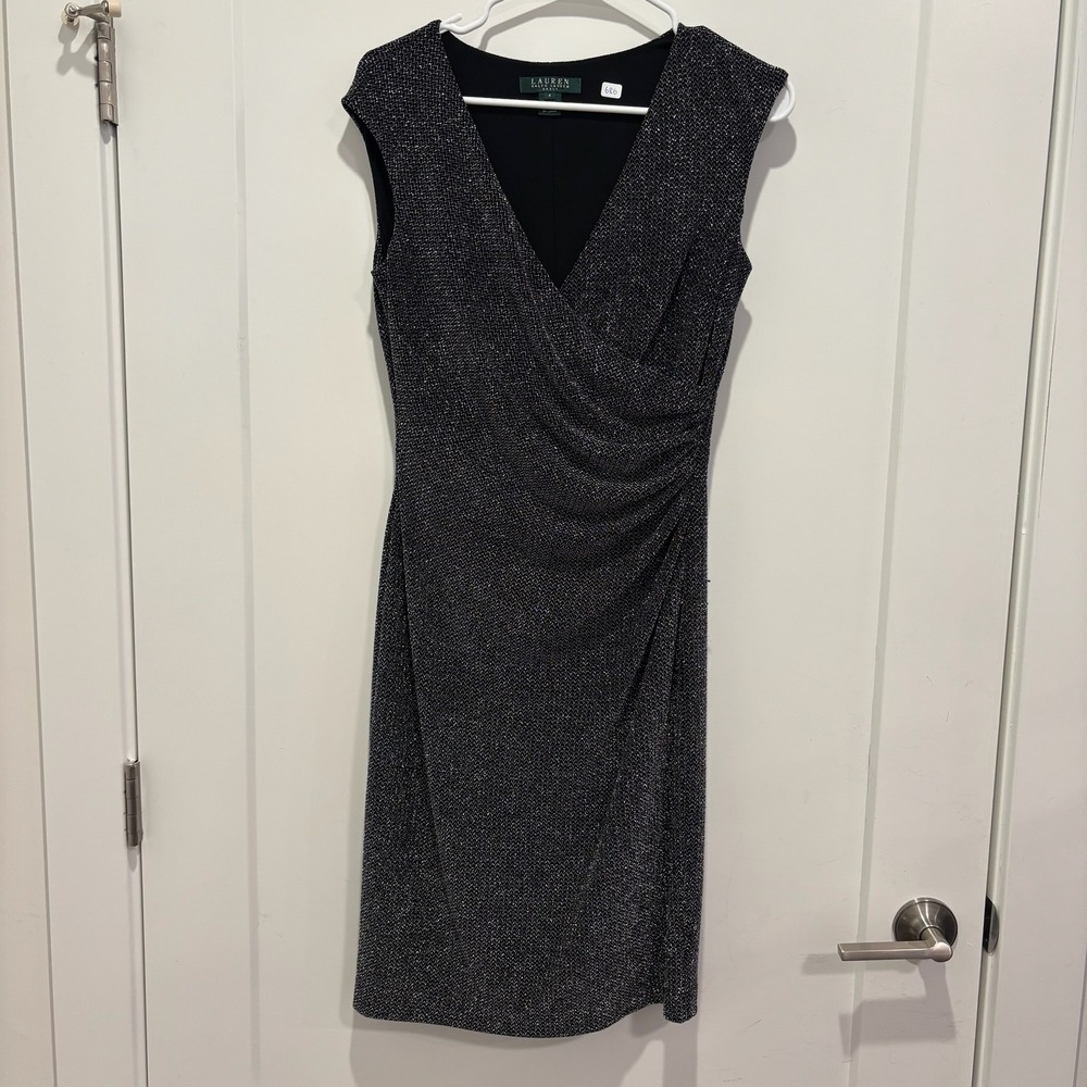 Lauren Ralph Lauren Metallic Silver Black Ruched Wrap Sheath Cocktail Dress 4